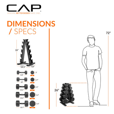 CAP Barbell 150 LB Hex Dumbbells with Rack - Space-Saving Design, Durable Rubber Coating, Versatile for Home Gym - Dreamchaser Headquarters