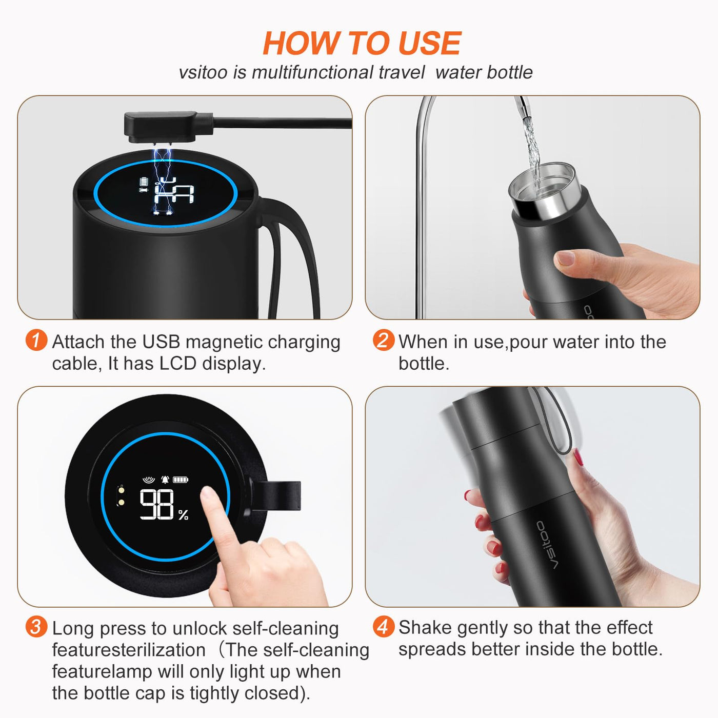 VSITOO 33 oz Smart Self-Cleaning Water Bottle,Stainless Steel Vacuum Flask,BPA-Free, One-Touch Clean,30-Day Battery, Magnetic Charging,Portable Bottle for Travel,Gym or Office,Black - Dreamchaser Headquarters