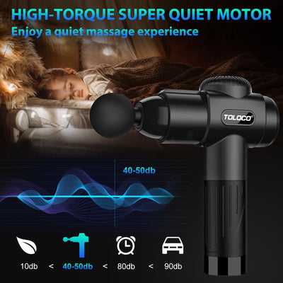 TOLOCO Massage Gun's LED touch screen, displaying speed levels for the percussion massager with multiple heads, perfect for muscle relaxation.