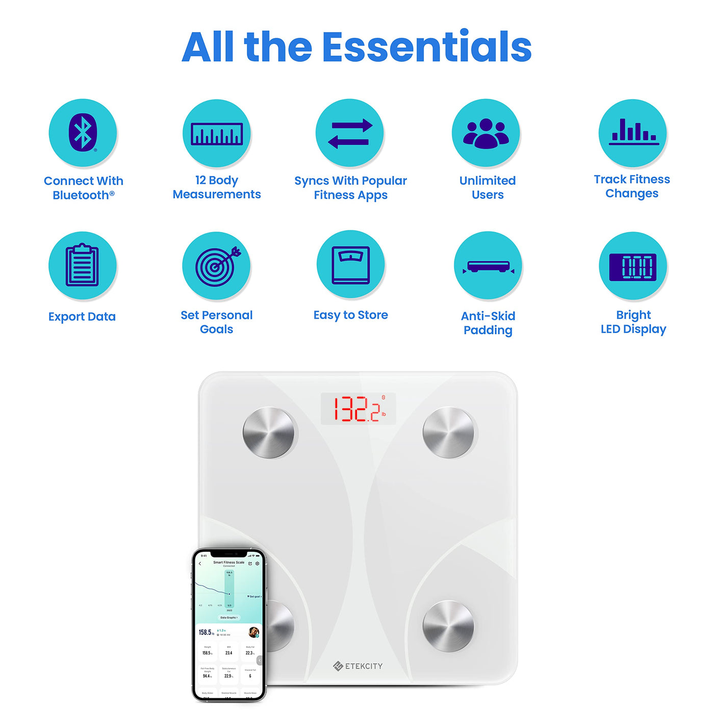 Etekcity Bluetooth Body Composition Scale - Digital Weight Scale with BMI, Body Fat & Muscle Mass Tracking - Dreamchaser Headquarters