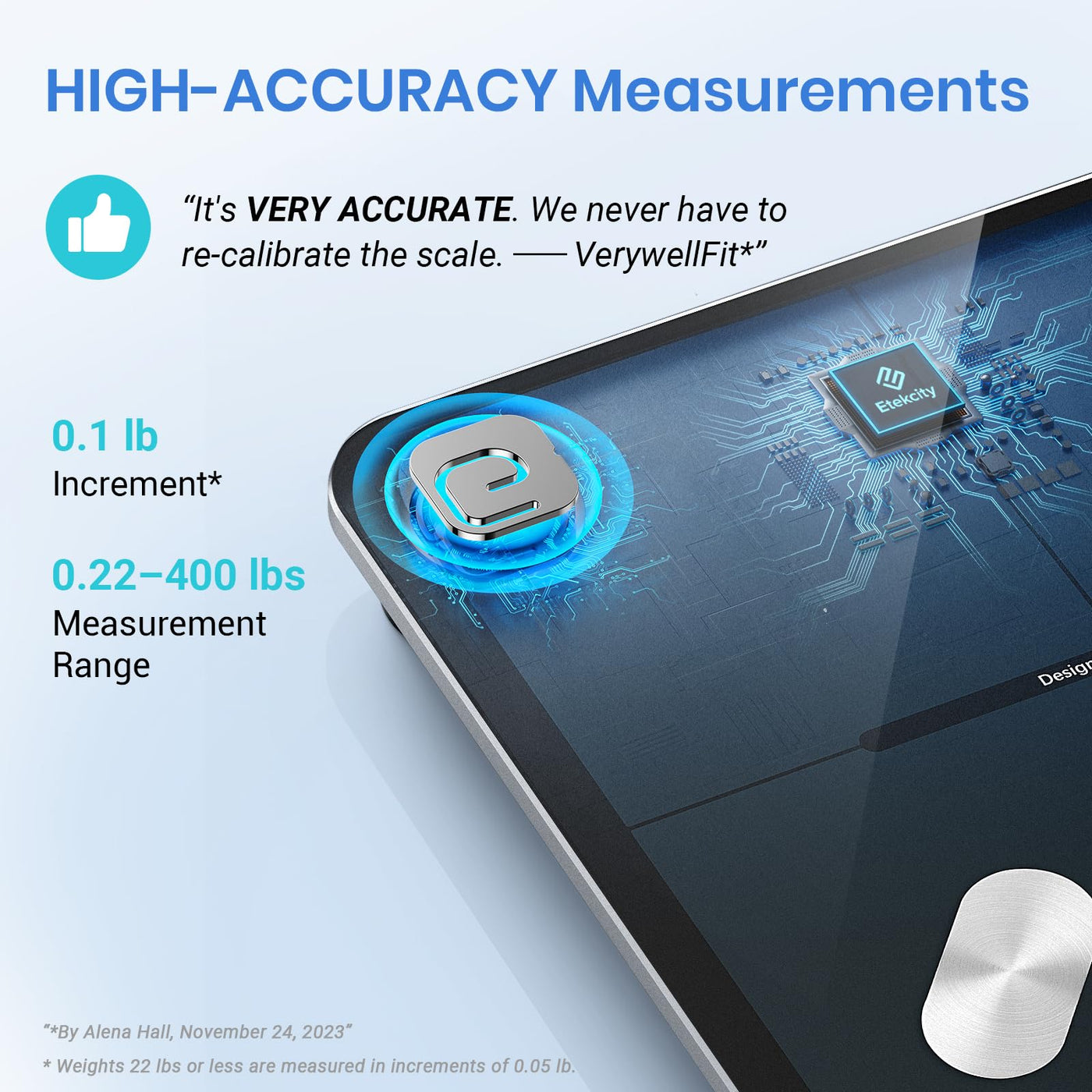 A close-up of the Etekcity Smart Scale for Body Weight, showcasing its Bluetooth body composition scale features including an LED display.