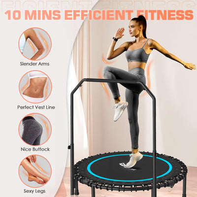 Enthusiastic user taking advantage of the adjustable handle on the BCAN Adult Mini Trampoline for versatile workouts.