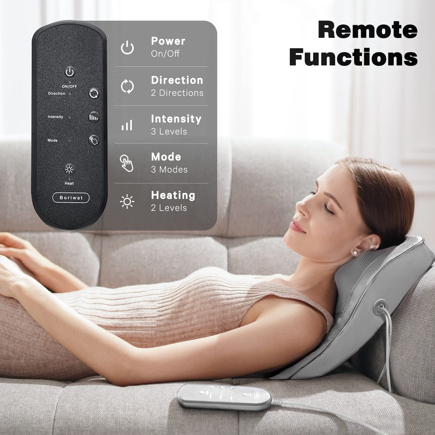Boriwat Back Massager with Heat demonstrating two heating levels for customized warmth during massages.