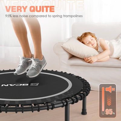 Variations of exercises performed on the BCAN fitness trampoline with handle showing its multifunctional use.