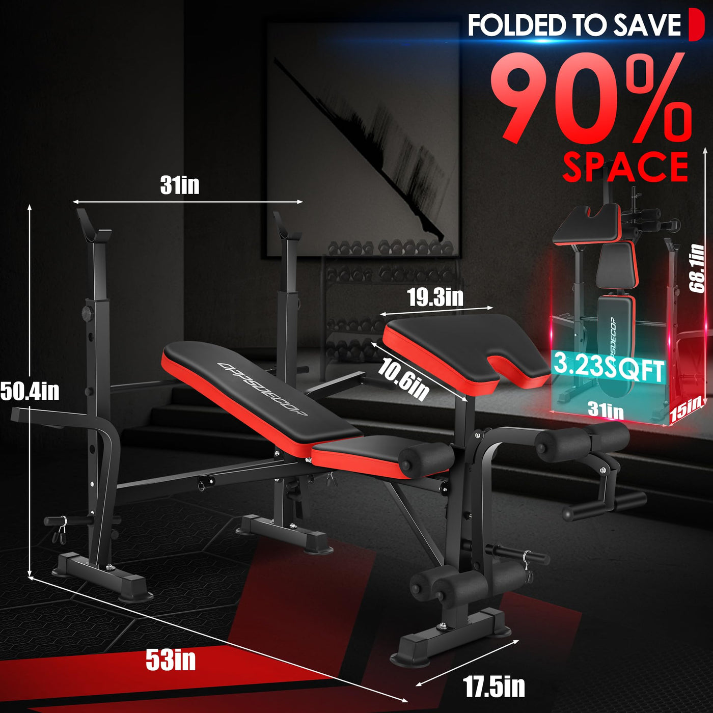 Full-body workout montage with OPPSDECOR Weight Bench Set, emphasizing its comprehensive capabilities as home gym equipment.