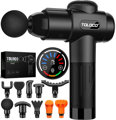 TOLOCO Massage Gun, a percussion massager with multiple heads for deep tissue back massage and pain relief, designed for athletes.