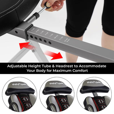 The heat and massage feature of the INNOVA inversion table, illustrating the multi-mode settings for relaxation.