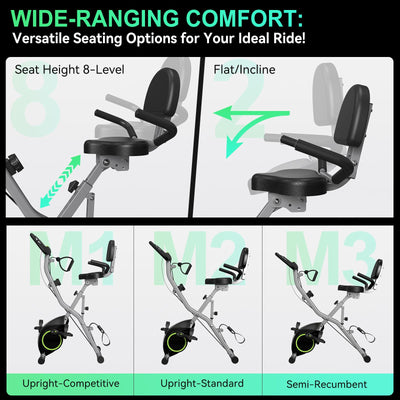 User demonstrating the comfortable seating on the foldable exercise bike for optimal indoor workouts.