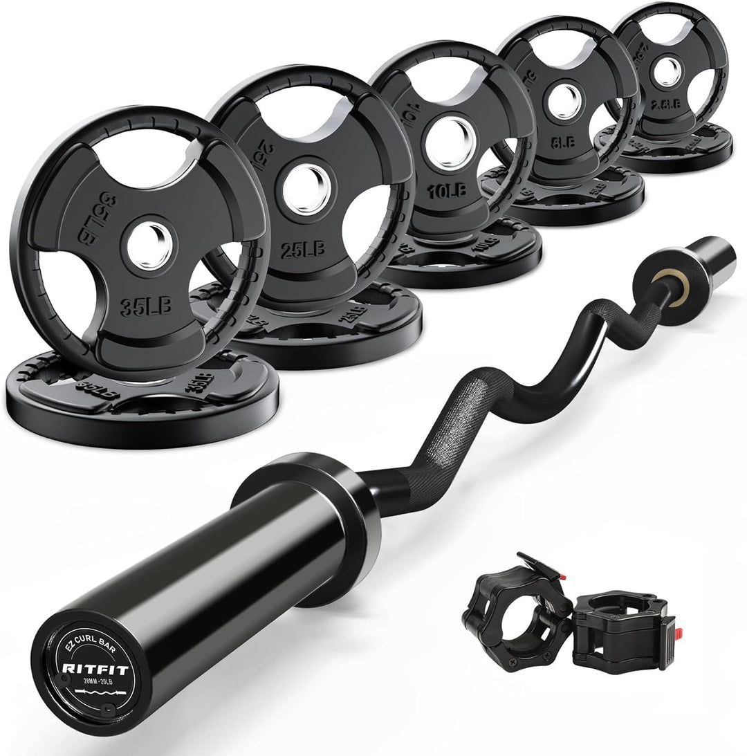 RitFit 2-Inch EZ Curl Bar with Weights for Bicep &amp; Tricep Strength Training | 350LB Olympic Barbell Set | DreamchaserHQ