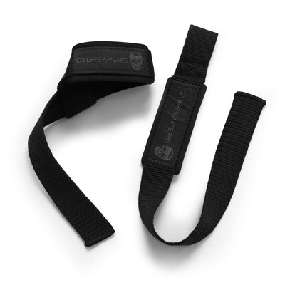 Black padded neoprene Gymreapers weightlifting wrist straps, showcasing their premium quality for lifting.
