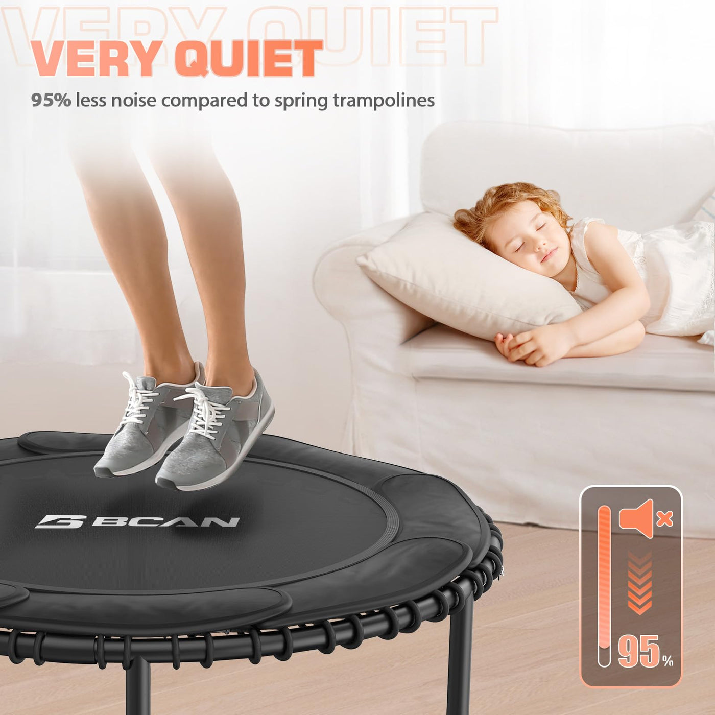 User demonstrating balance and coordination on the BCAN fitness trampoline with handle during active play.