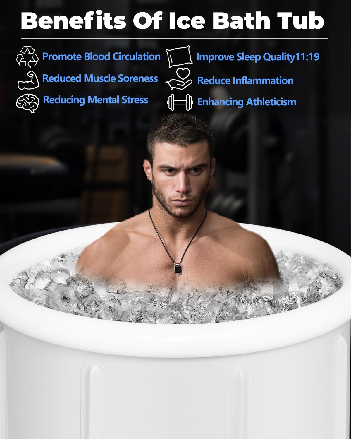 User relaxing in the XL Ice Bath Tub, enjoying the benefits of cold plunge therapy after workouts.