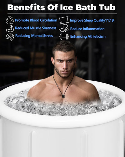 User relaxing in the XL Ice Bath Tub, enjoying the benefits of cold plunge therapy after workouts.