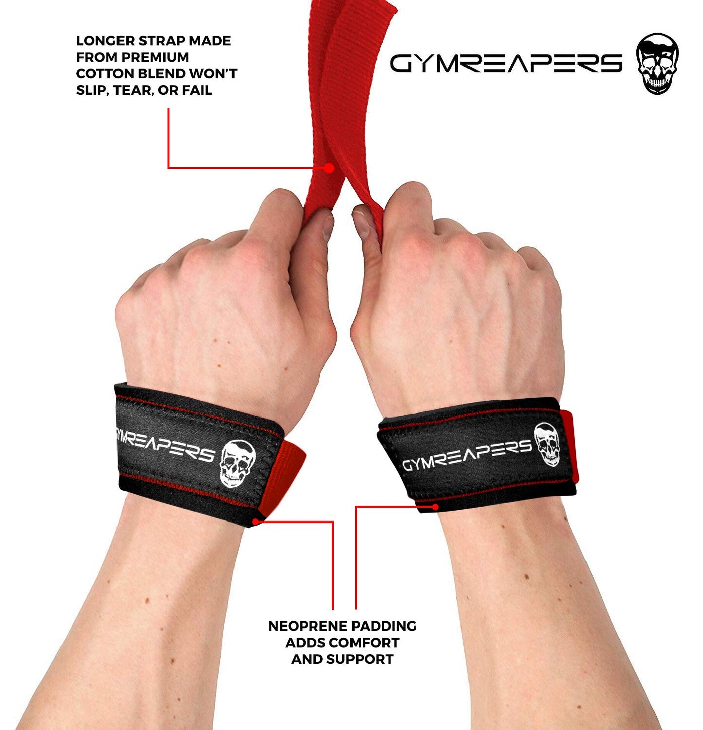 A person demonstrating the use of Gymreapers weightlifting wrist straps for strength training exercises.