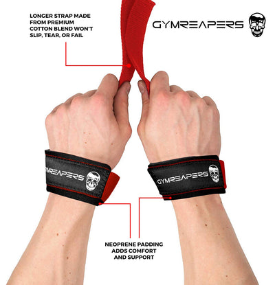 A person demonstrating the use of Gymreapers weightlifting wrist straps for strength training exercises.