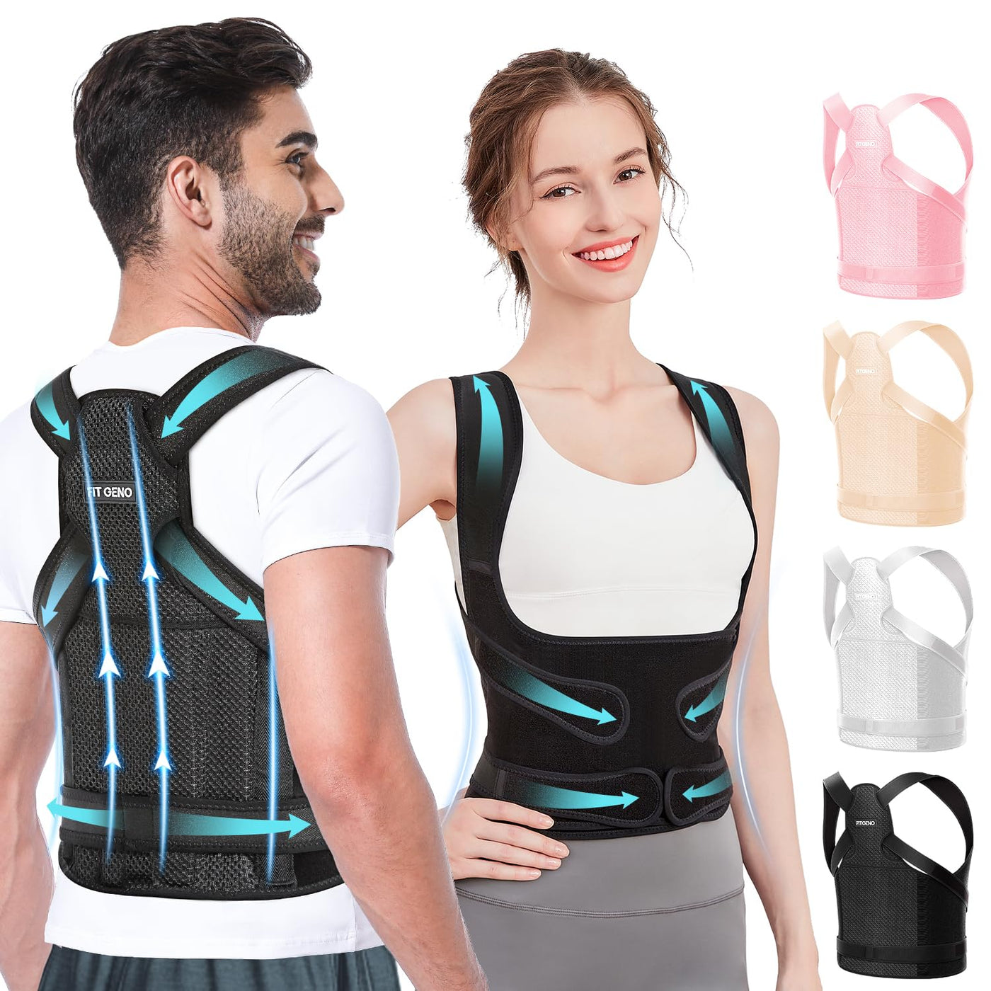 Fit Geno Back Brace Posture Corrector for Women and Men, helping with back pain relief and posture improvement.