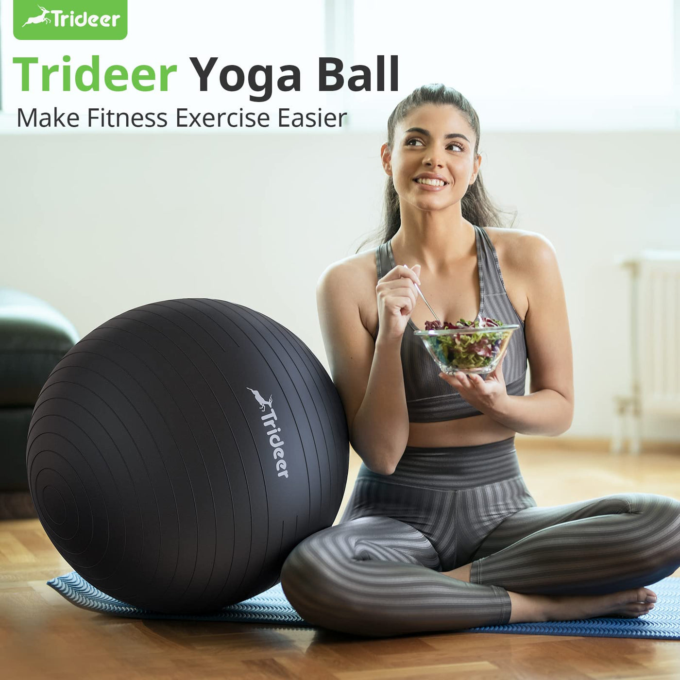 Detailed view of Trideer Yoga Ball with air stoppers, showcasing its easy inflation for use as an exercise ball for therapy.