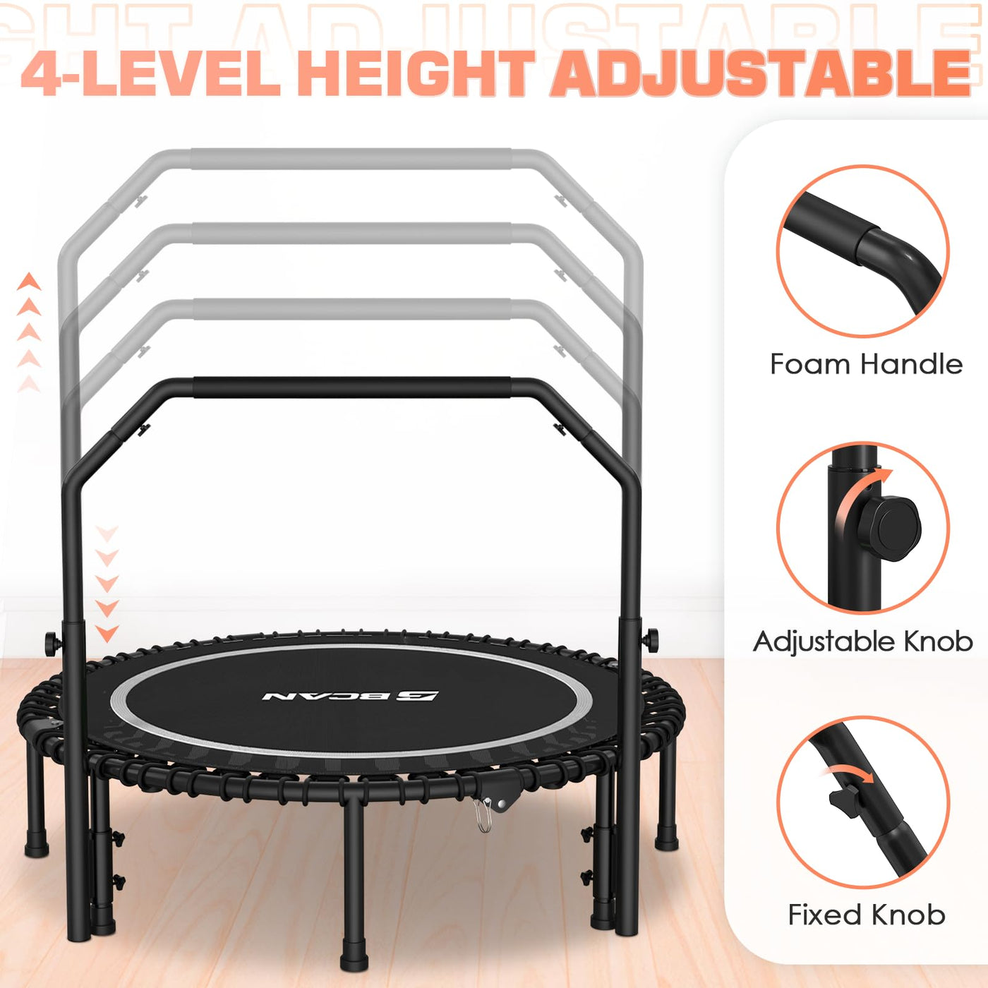 Close-up of the adjustable handle on the BCAN Adult Mini Trampoline, designed for a safe and adjustable workout experience.