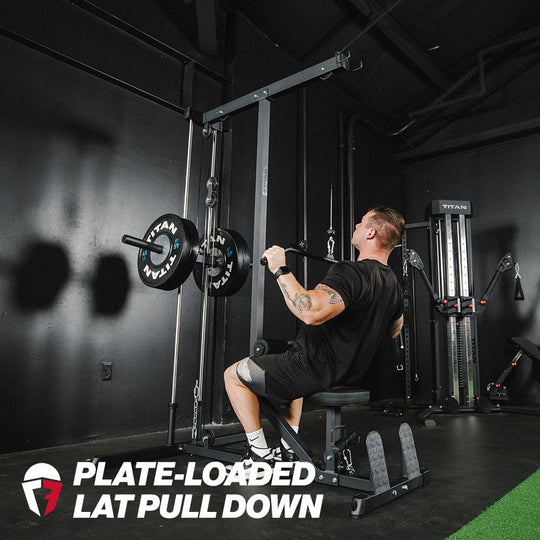 Titan Fitness Plate-Loaded LAT Tower for Back, Shoulder &amp; Upper Body Strength Training | 400LB Cable Pulldown &amp; Low Row Machine | DreamchaserHQ