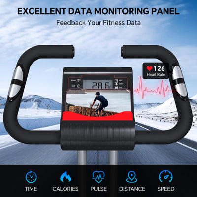 Easy transportation feature highlighted with rollers on the foldable exercise bike.