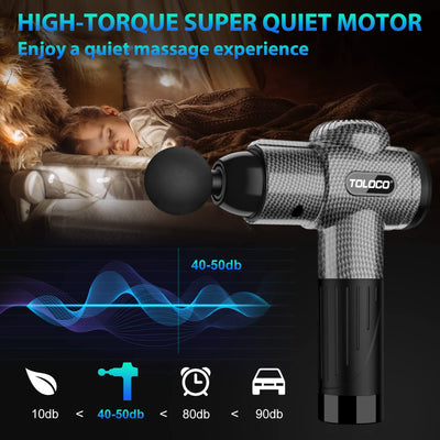 TOLOCO Massage Gun demonstrating its quiet operation, ideal for use at home as a percussion massager with multiple heads.