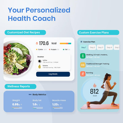 Etekcity Smart Scale for Body Weight with app interface displayed on a smartphone, showcasing the Bluetooth body composition scale features.
