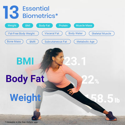 Etekcity Smart Scale for Body Weight shown with a fitness tracker, promoting its use as a Bluetooth body composition scale.