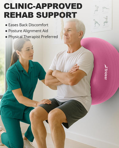 Trideer Yoga Ball in different sizes displayed at a fitness store, showcasing its intended use as an exercise ball for therapy.