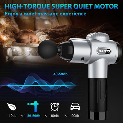 TOLOCO Massage Gun displayed next to workout gear, ideal for muscle recovery as a percussion massager with multiple heads.