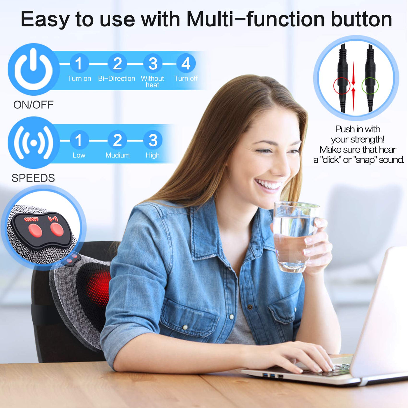 Deep Tissue Kneading Function - The perfect massage pillow with heat for relieving neck and back tension.