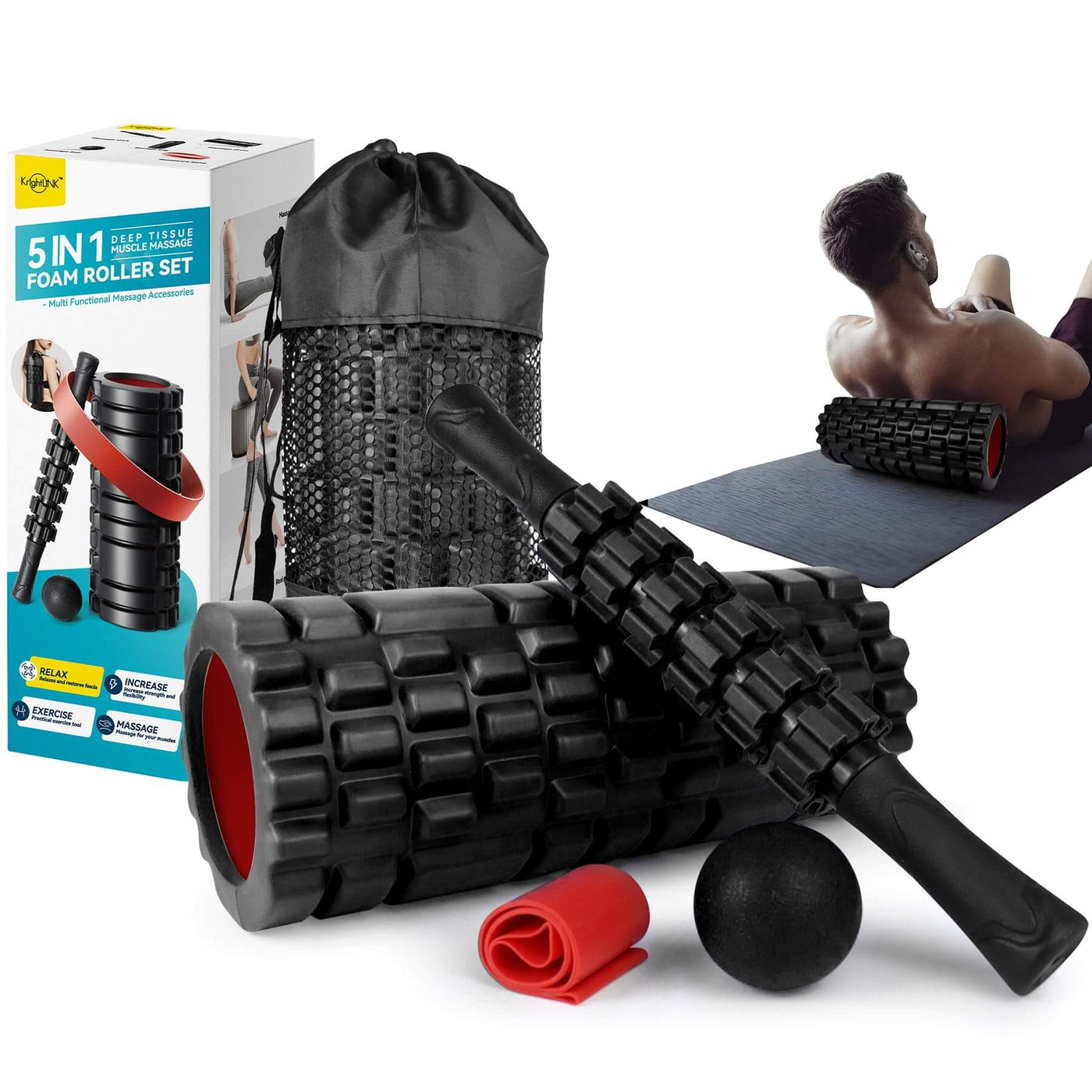Krightlink 5 in1 Foam Roller Set for Deep Tissue Muscle Massage, High Density Fitness Exercise Foam Roller, Massage Roller, Massage Ball - Dreamchaser Headquarters