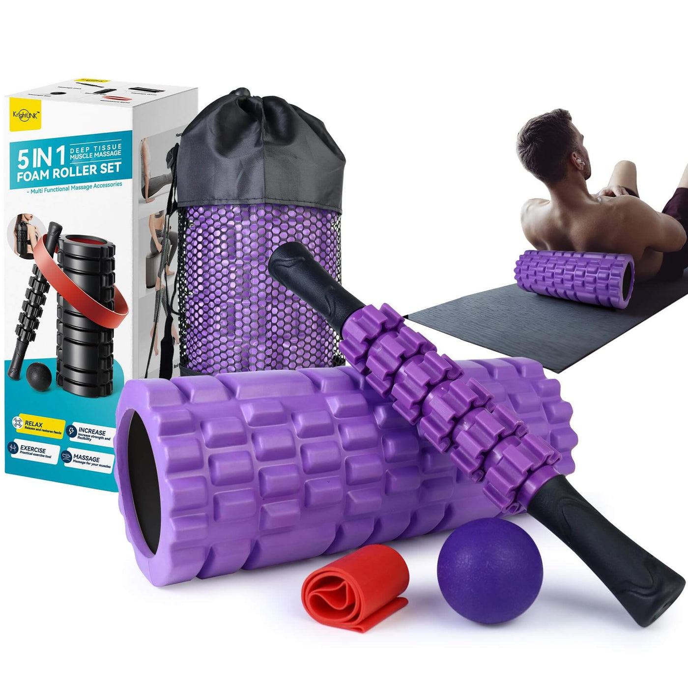 Krightlink 5 in1 Foam Roller Set for Deep Tissue Muscle Massage, High Density Fitness Exercise Foam Roller, Massage Roller, Massage Ball - Dreamchaser Headquarters