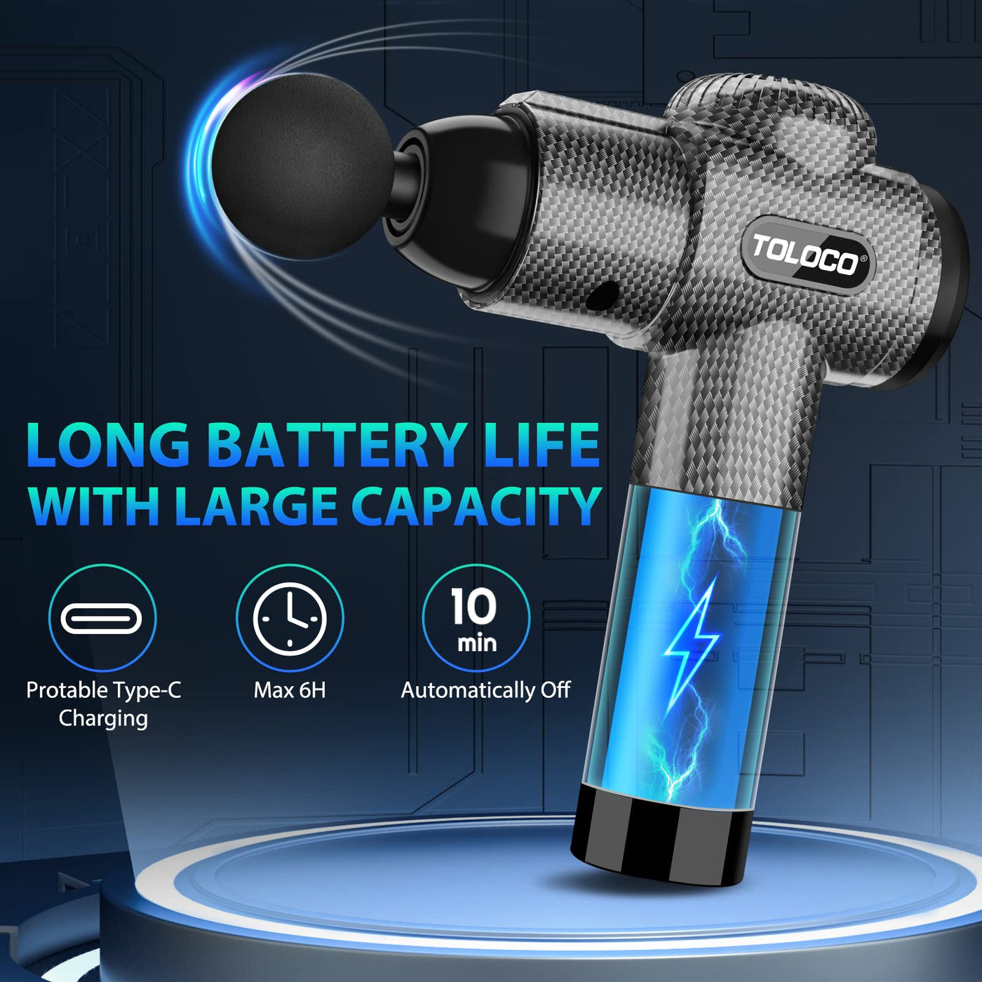 TOLOCO Massage Gun's charging cable, illustrating its long battery life as a percussion massager with multiple heads for convenience.