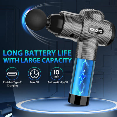 TOLOCO Massage Gun's charging cable, illustrating its long battery life as a percussion massager with multiple heads for convenience.