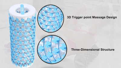 Collapsible foam roller placed next to gym equipment, emphasizing its compact and portable design for home or gym use.