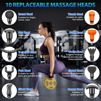 TOLOCO Massage Gun in action, demonstrating its powerful function as a percussion massager with multiple heads for athletes.