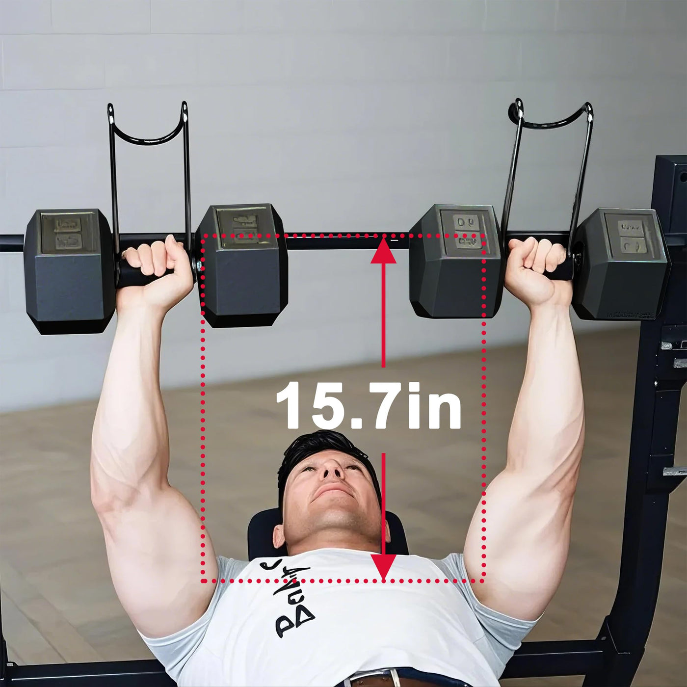 Close-up view of Mad Spotter Pro 2.0 Dumbbell Hooks designed to prevent slipping, essential for safe bench press workouts.