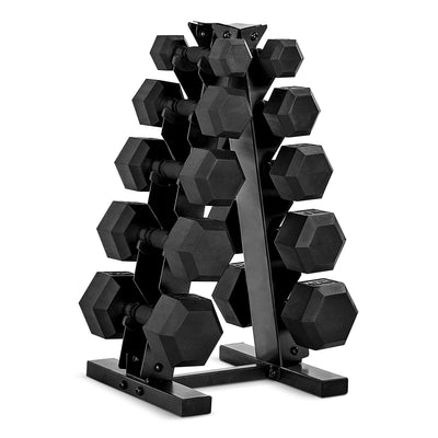 Close-up of the hex heads and handle grip on CAP Barbell dumbbells with rack, designed for performance.
