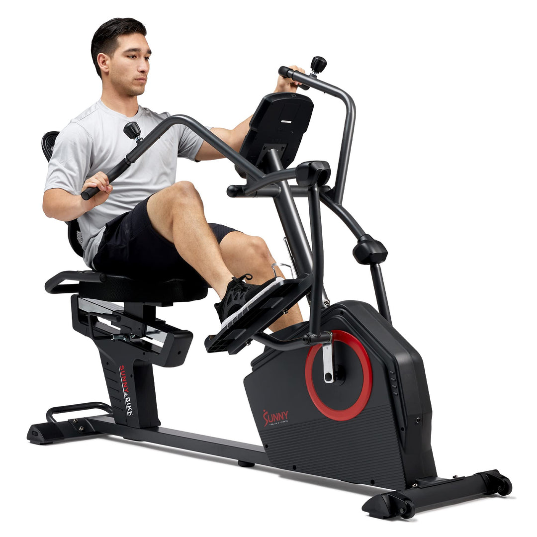 Sunny Health &amp; Fitness Electromagnetic Recumbent Cross Trainer Exercise Elliptical Bike w/Arm Exercisers, Easy Access Seat &amp; Exclusive SunnyFit® App Enhanced Bluetooth Connectivity - SF-RBE4886SMART - Dreamchaser Headquarters