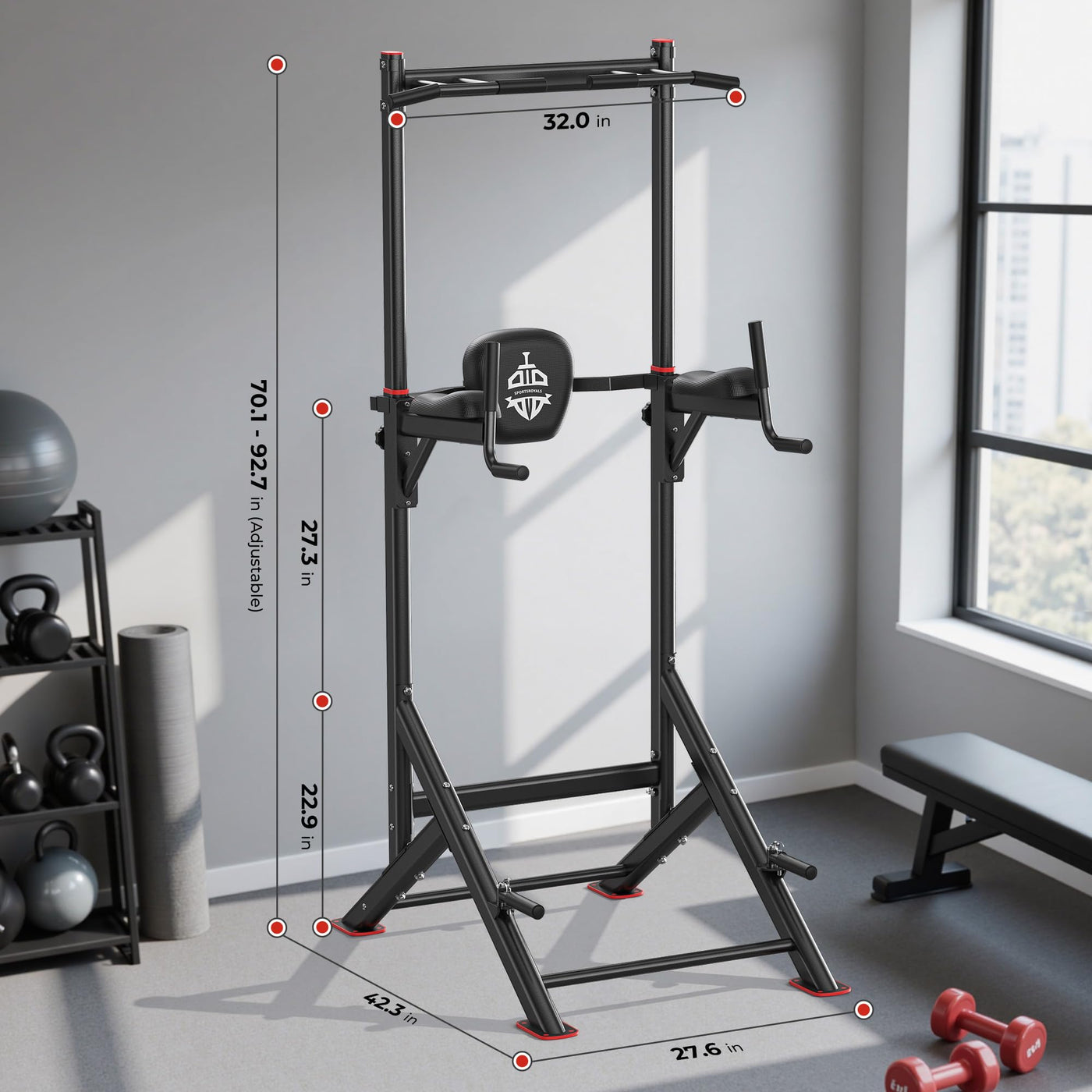 User-friendly setup of the Sportsroyals Power Tower with a pull up bar for home gym efficiency.