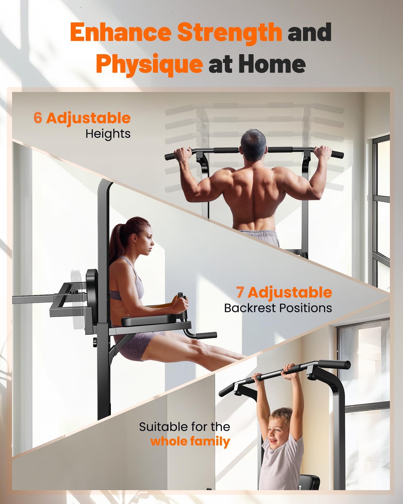 Family using the Sportsroyals Power Tower with pull up bar for home gym workouts, tailored for all fitness levels.