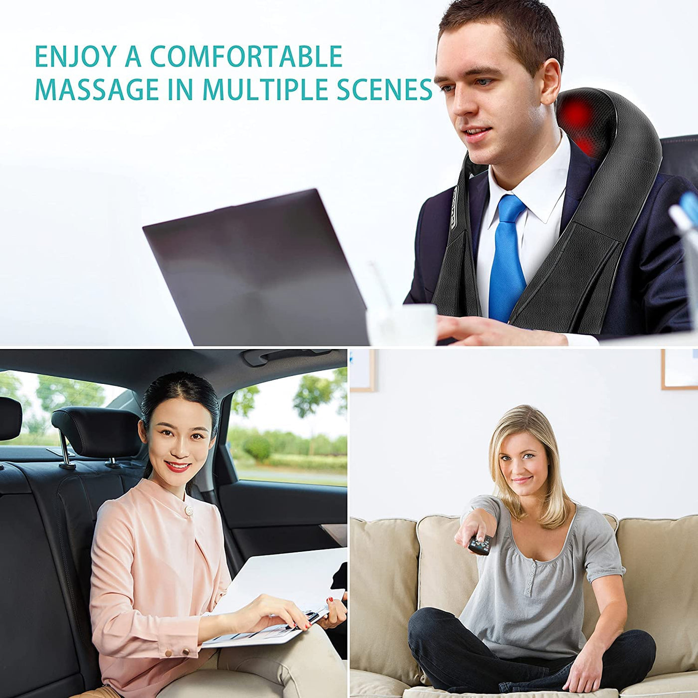 User comfortably using the AERLANG Shiatsu heated shoulder massager, ideal for home and office.