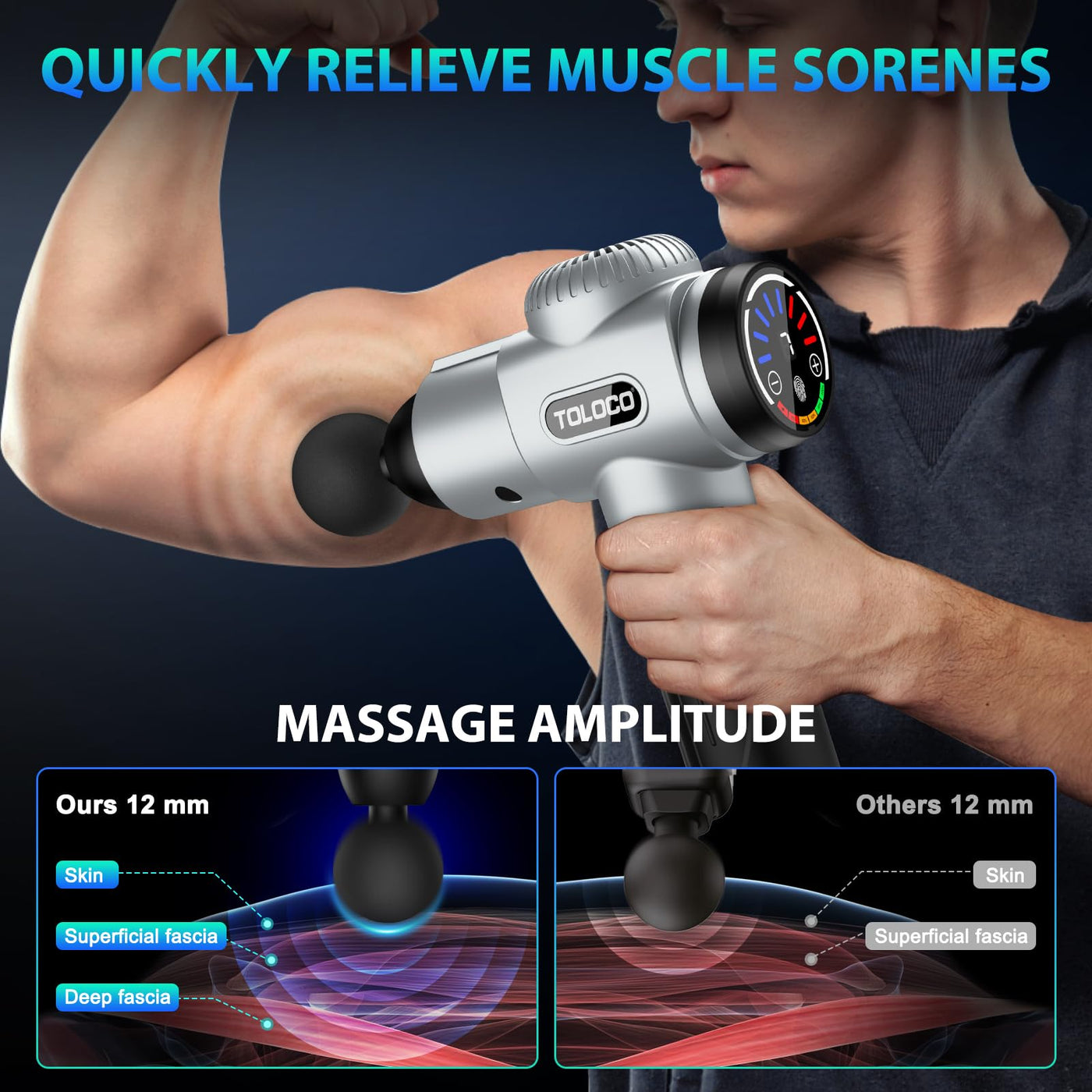 User controlling TOLOCO Massage Gun's speed settings, illustrating the customizability of this percussion massager with multiple heads.