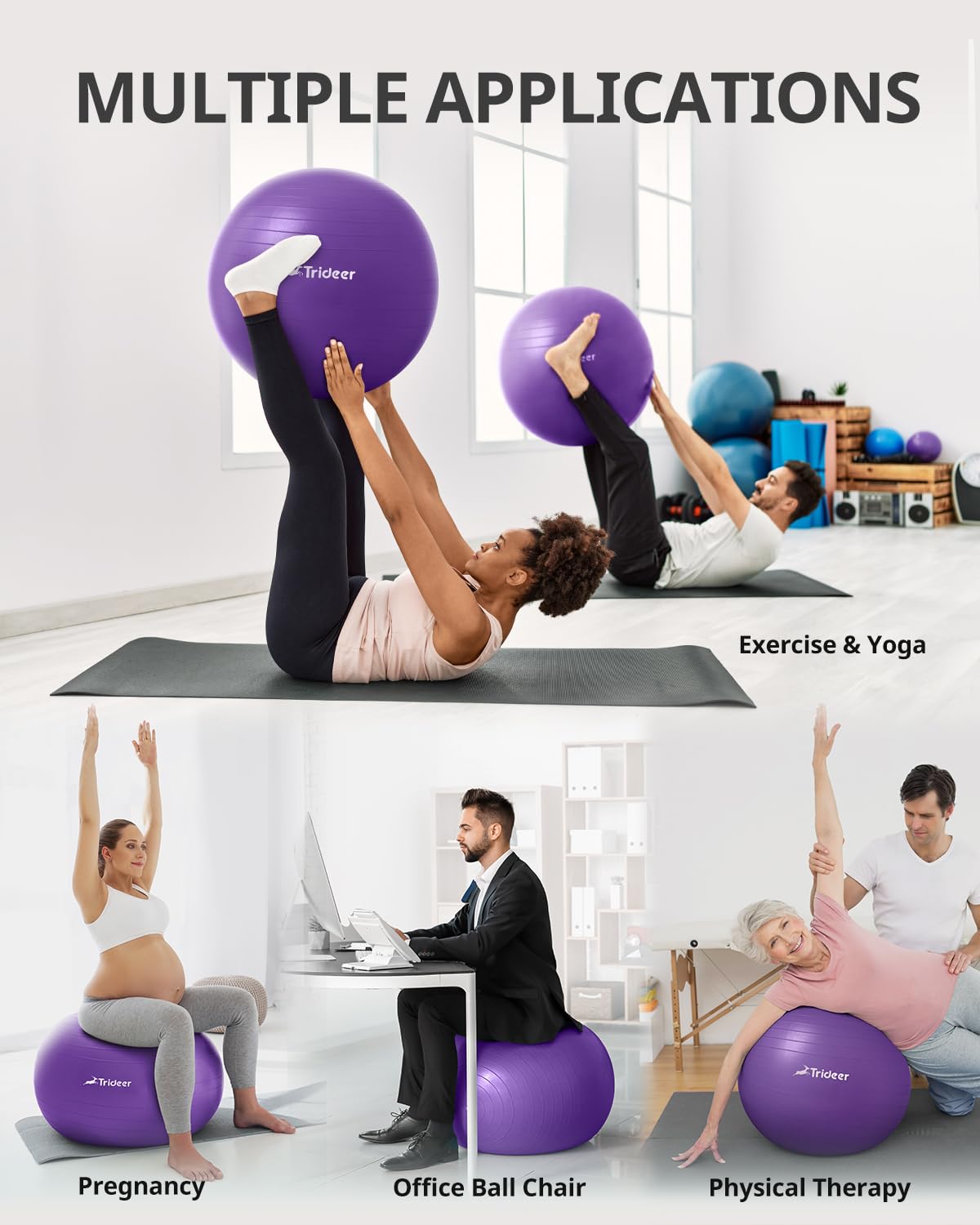 Trideer Yoga Ball sitting comfortably in a serene room setup, excellent for relaxation and therapy.