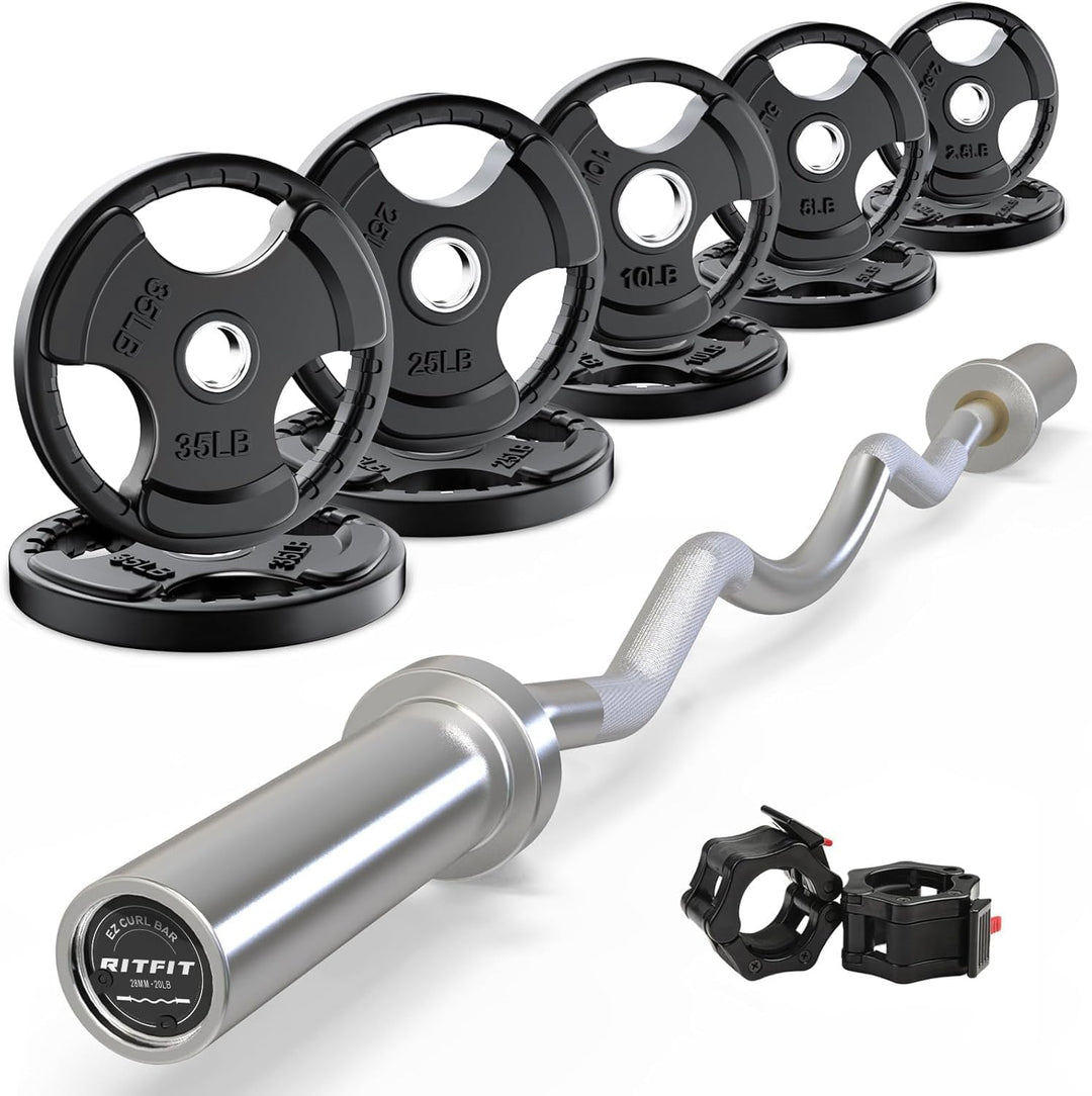 RitFit 2-Inch EZ Curl Bar with Weights for Bicep &amp; Tricep Strength Training | 350LB Olympic Barbell Set | DreamchaserHQ