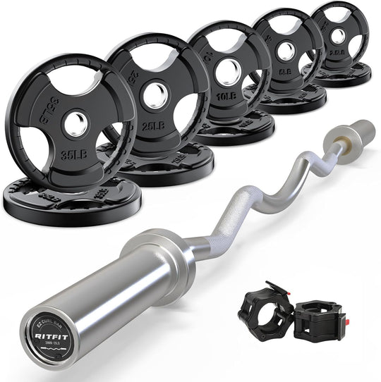 RitFit 2-Inch EZ Curl Bar with Weights for Bicep &amp; Tricep Strength Training | 350LB Olympic Barbell Set | DreamchaserHQ