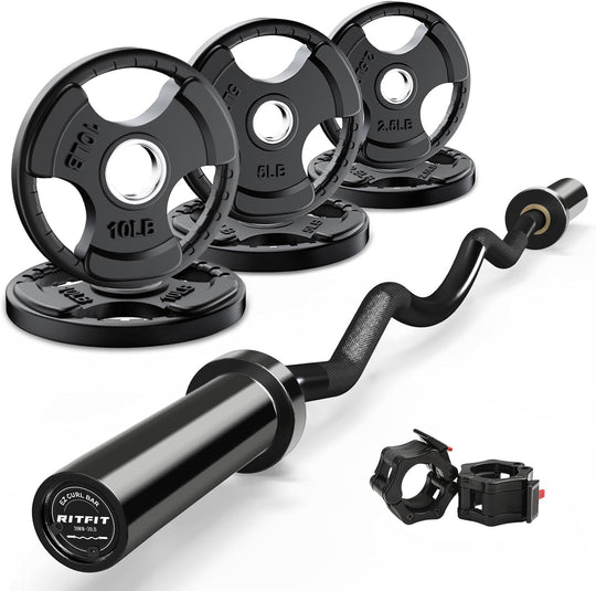 RitFit 2-Inch EZ Curl Bar with Weights for Bicep &amp; Tricep Strength Training | 350LB Olympic Barbell Set | DreamchaserHQ