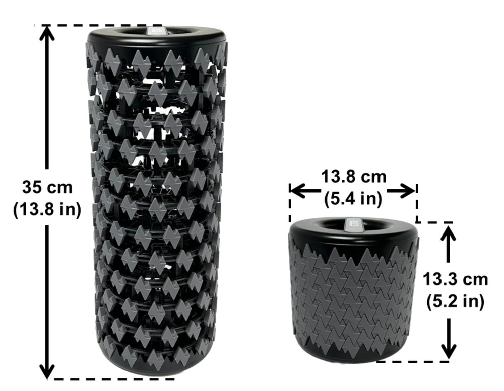 Close-up of the collapsible foam roller, demonstrating its interlocking technology for easy storage and portability.