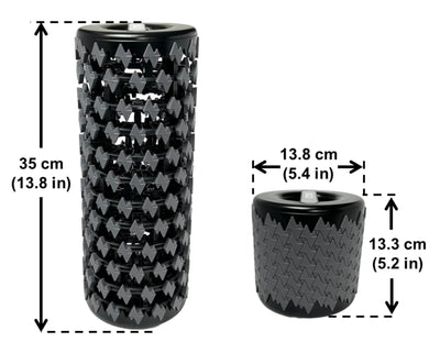 Close-up of the collapsible foam roller, demonstrating its interlocking technology for easy storage and portability.