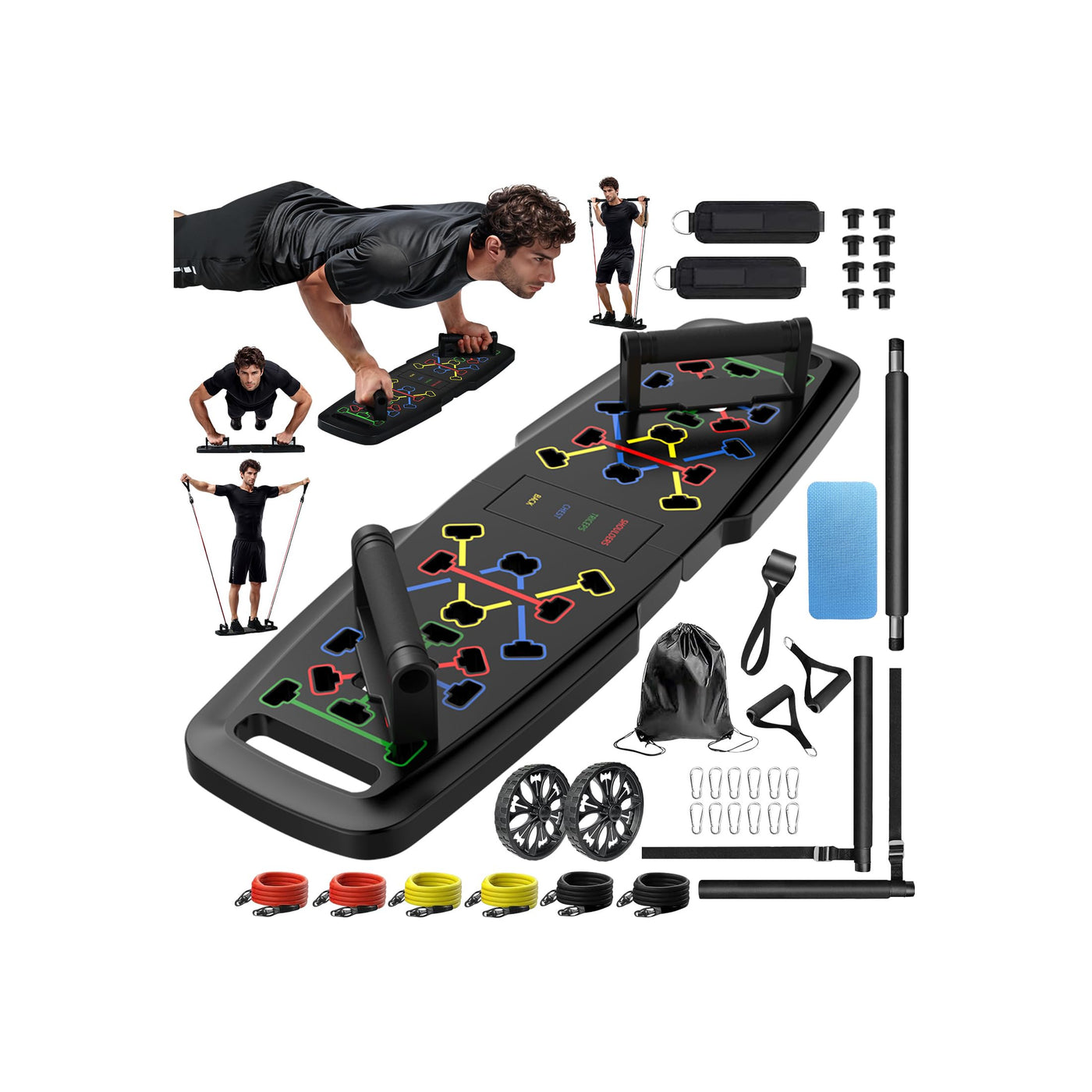 Push Up Board featuring a stylish design, perfect for a full body workout at home with various fitness accessories.